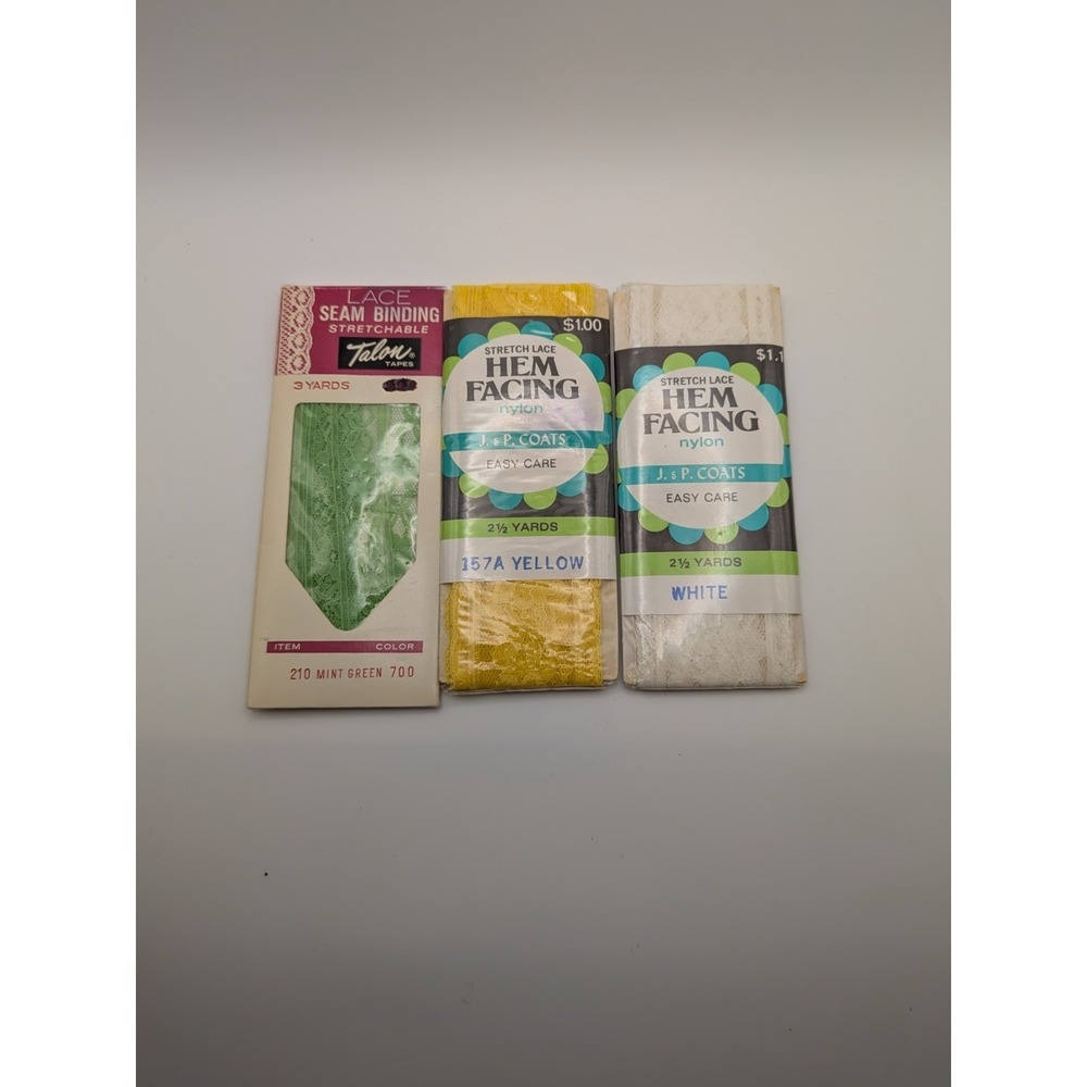 Vintage J & P Coats Talon Stretch Lace Seam Binding Hem Facing Lot 3pk USA